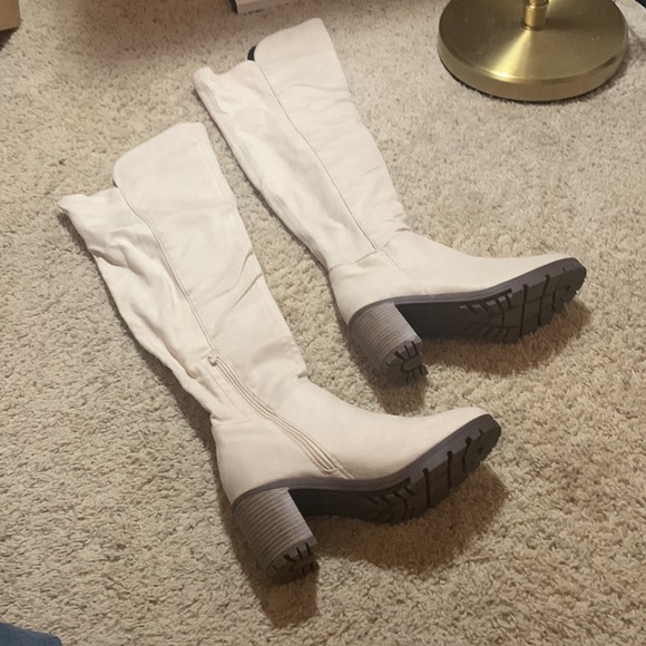 Over the Knee Block Heel Square Toe Side Zipper Faux Suede Boots - Picture 7 of 10